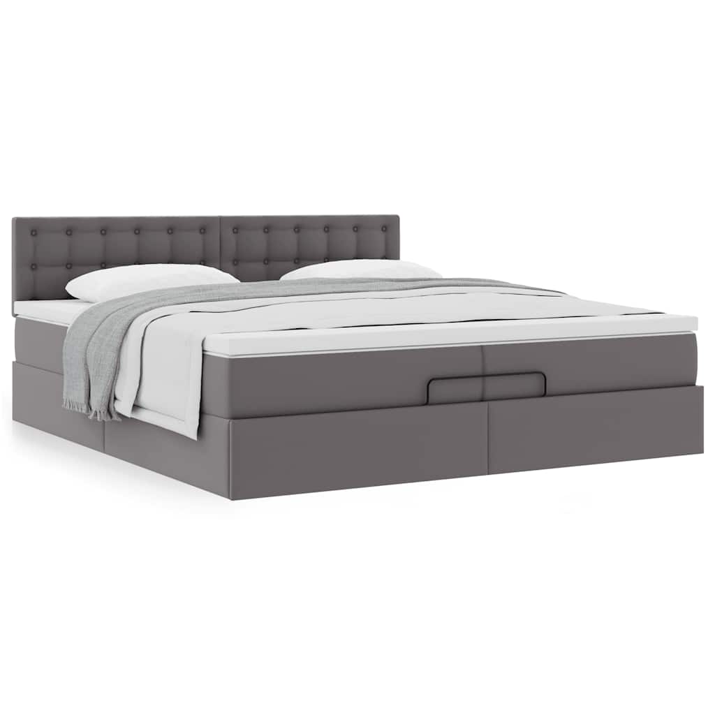 Estrutura de cama otomana com colchão cinza couro falso