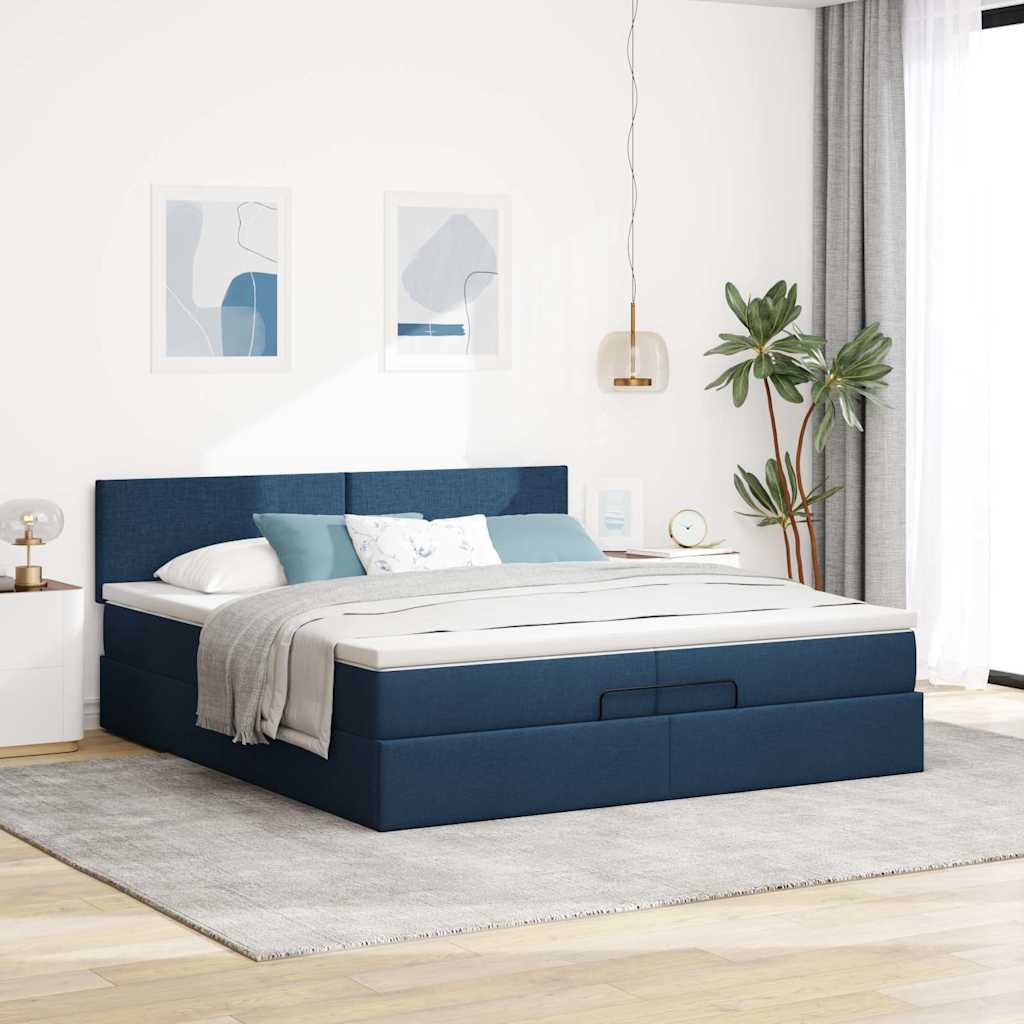 Estrutura de cama otomana com colchão 200x200 cm tecido azul