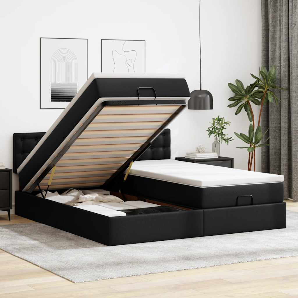 Estrutura de cama otomana com colchões pele artificial preta