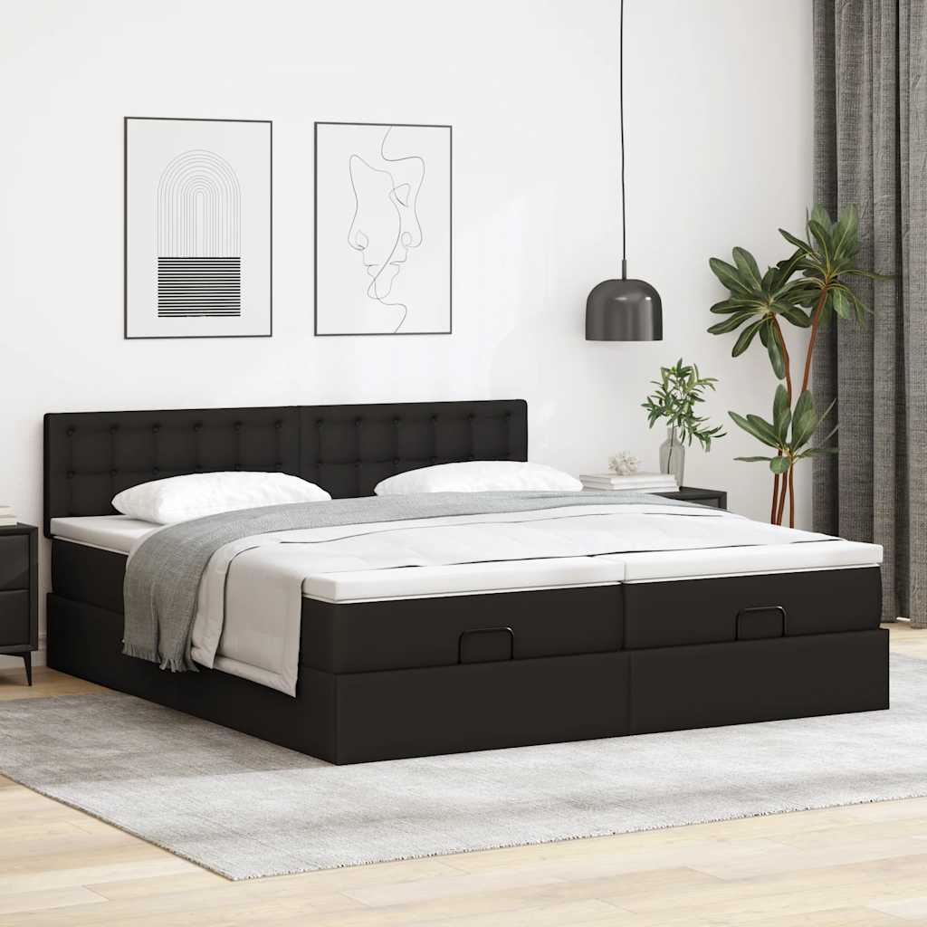 Estrutura de cama otomana com colchões pele artificial preta