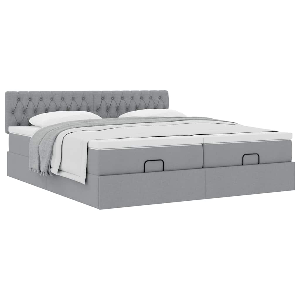 Estrutura de cama otomana com colchões tecido cinzento claro