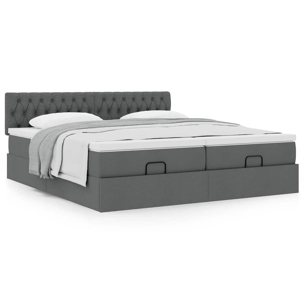 Estrutura de cama otomana com colchões tecido cinzento escuro