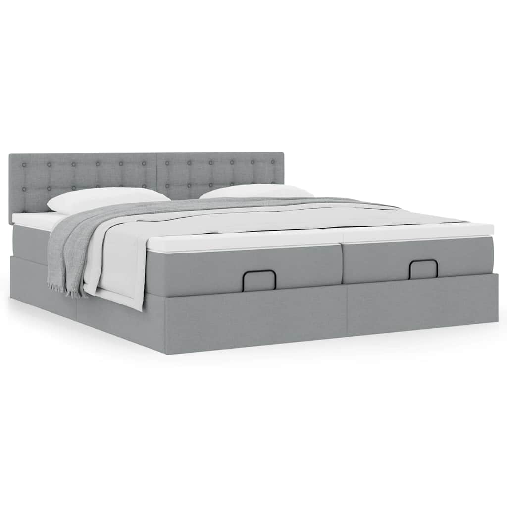 Estrutura de cama otomana com colchões tecido cinzento claro