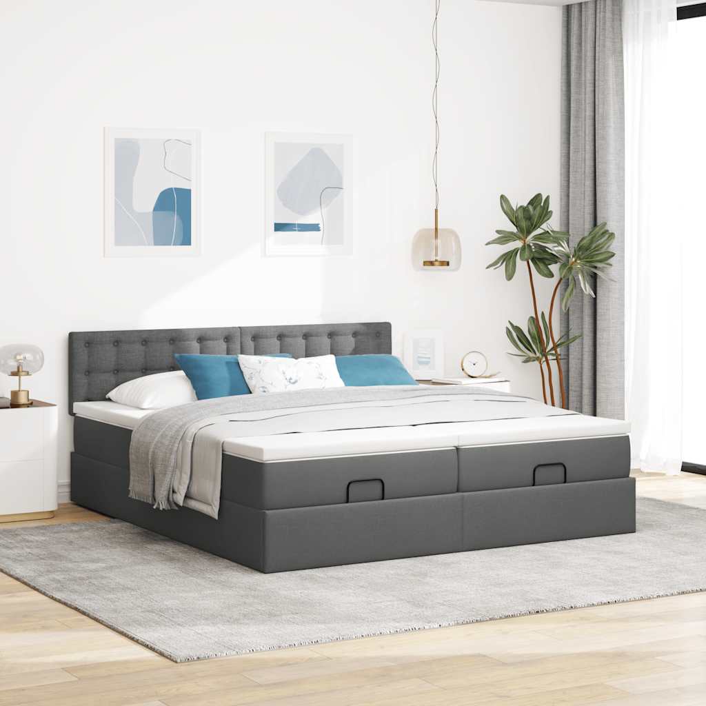 Estrutura de cama otomana com colchões tecido cinzento escuro