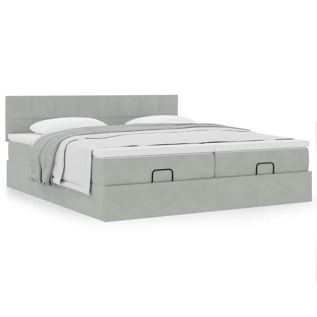 Estrutura cama otomana colchões 200x200cm veludo cinzento claro