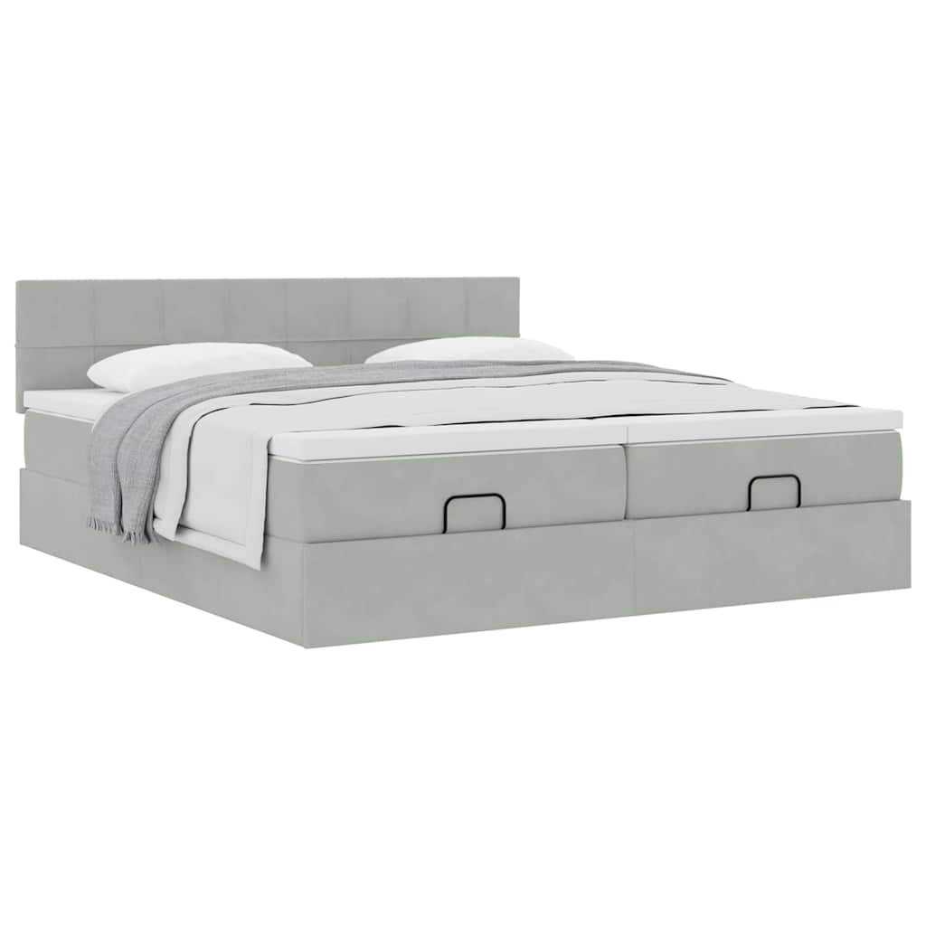 Estrutura cama otomana colchões 200x200cm veludo cinzento claro