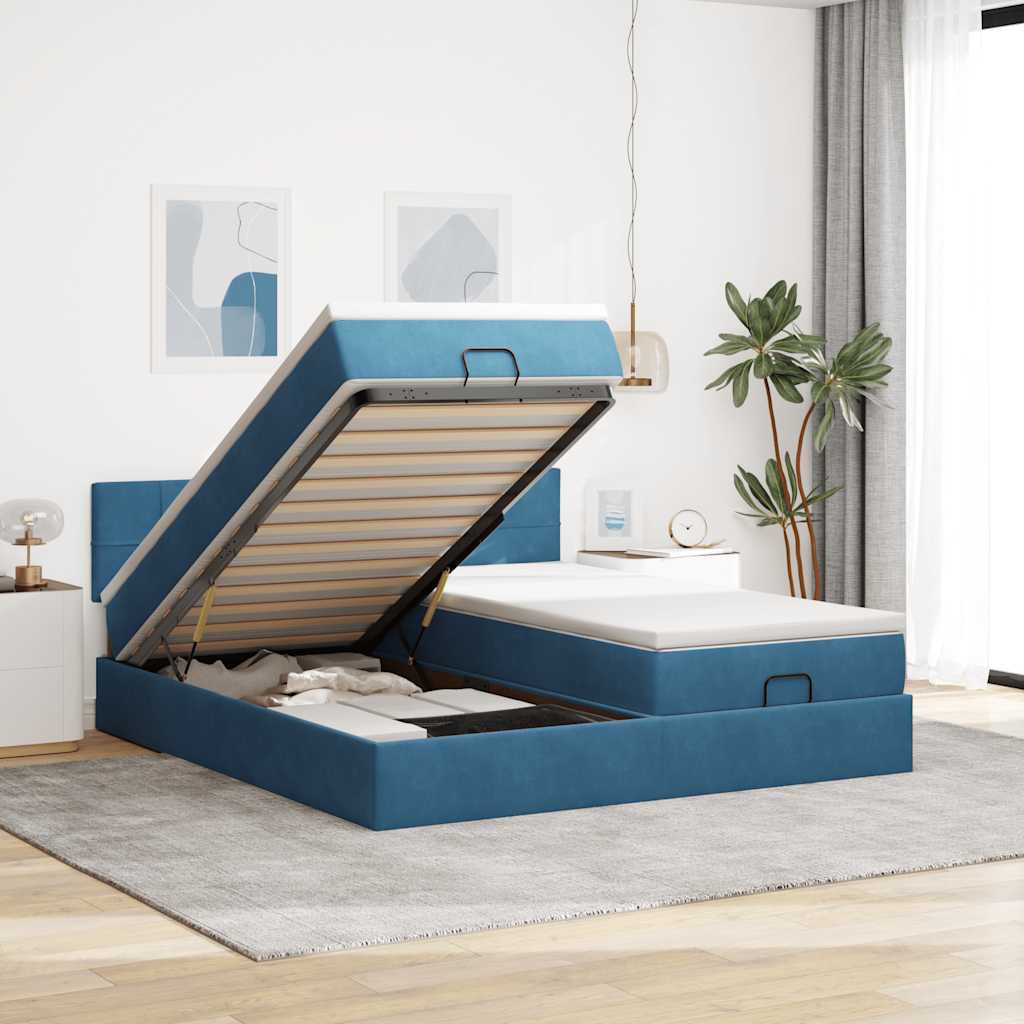 Estrutura de cama otomana com colchão azul escuro Veludo