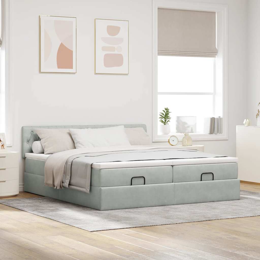 Estrutura cama otomana colchões 180x200cm veludo cinzento claro