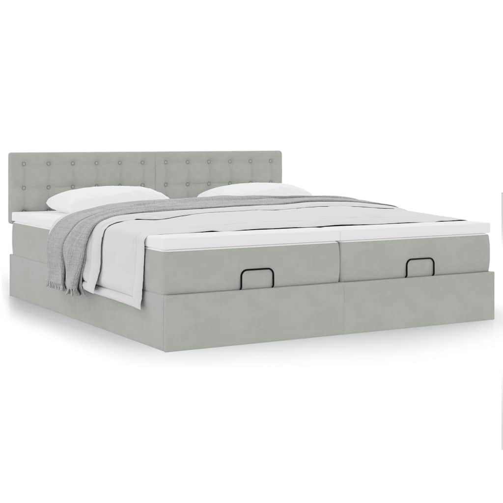 Estrutura cama otomana colchões 200x200cm veludo cinzento claro