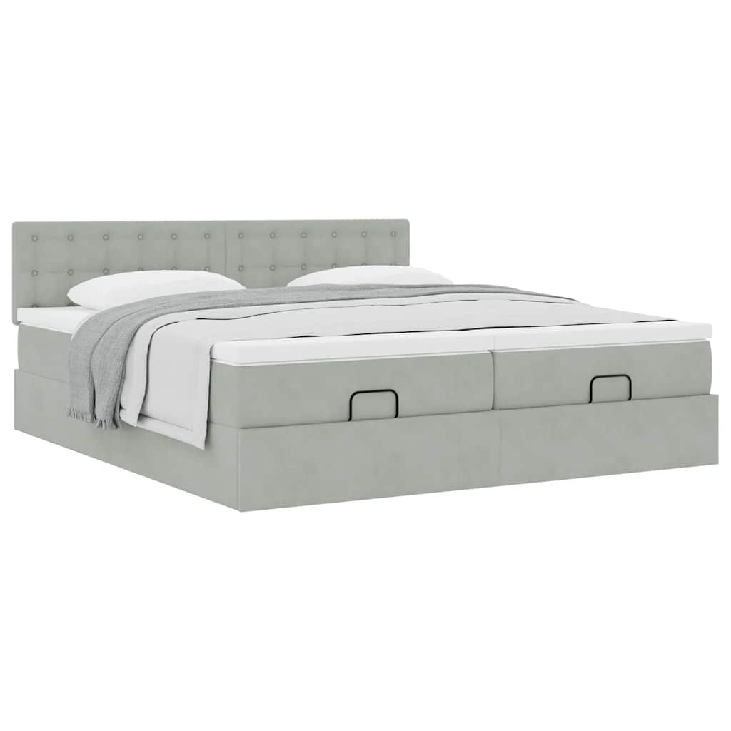 Estrutura cama otomana colchões 200x200cm veludo cinzento claro