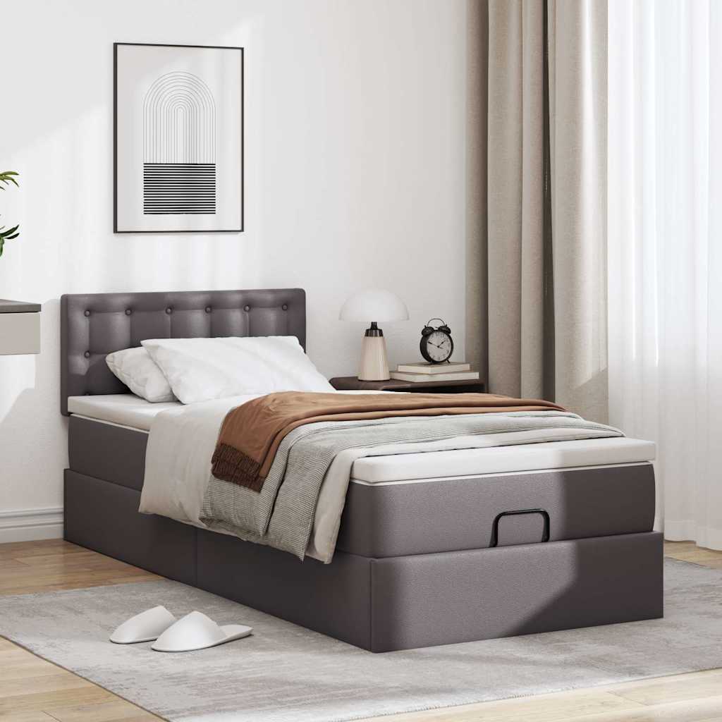 Estrutura de cama otomana com colchão cinza couro falso