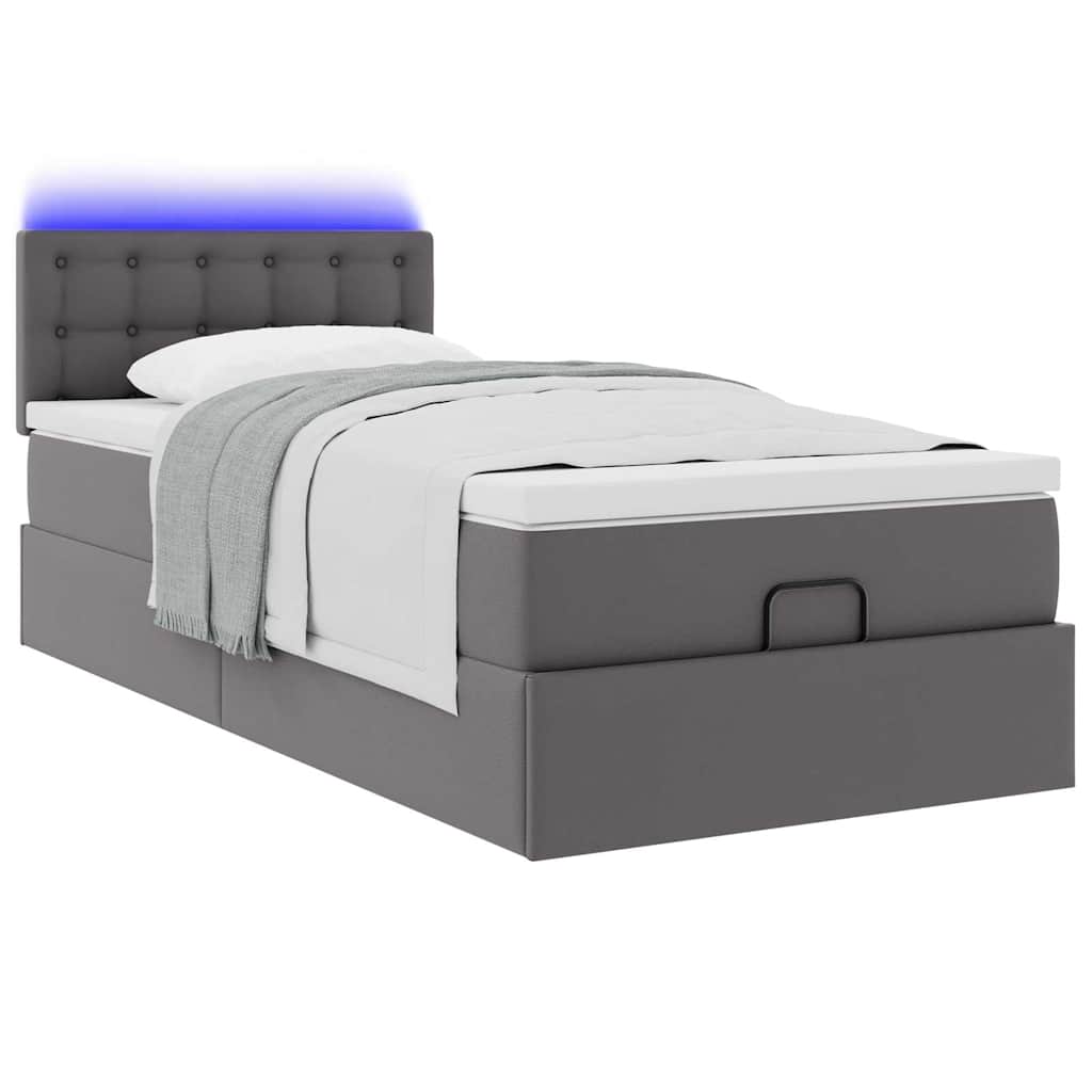 Estrutura de cama otomana com colchão cinza couro falso