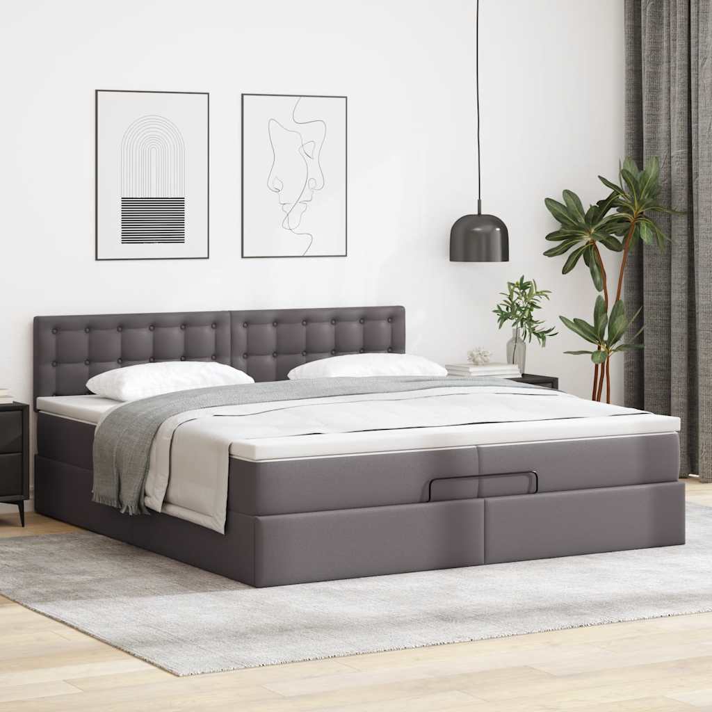 Estrutura de cama otomana com colchões couro artificial cinza
