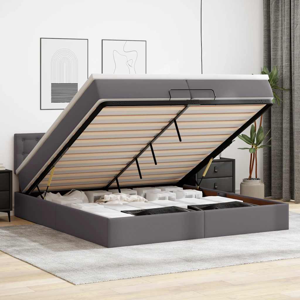 Estrutura de cama otomana com colchões couro artificial cinza