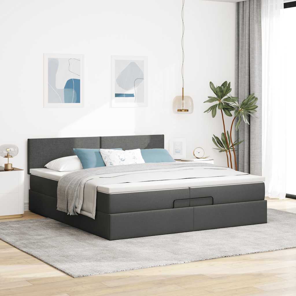 Estrutura de cama otomana com colchões tecido cinzento escuro