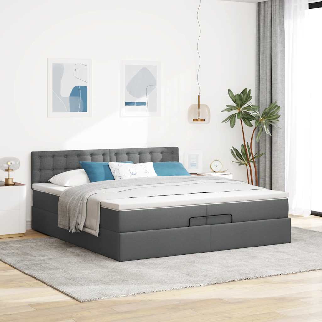 Estrutura de cama otomana com colchões tecido cinzento escuro