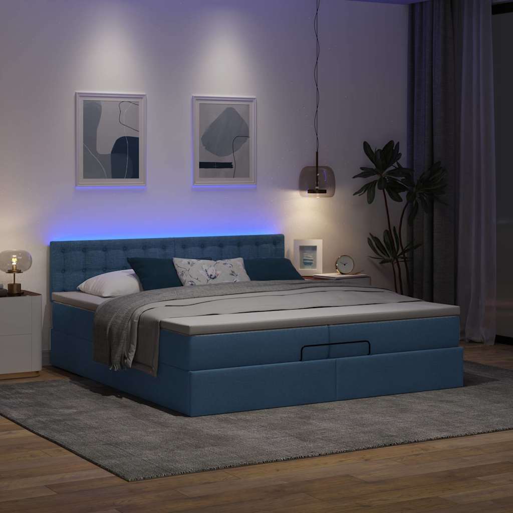 Estrutura de cama otomana com colchões 200x200cm tecido azul