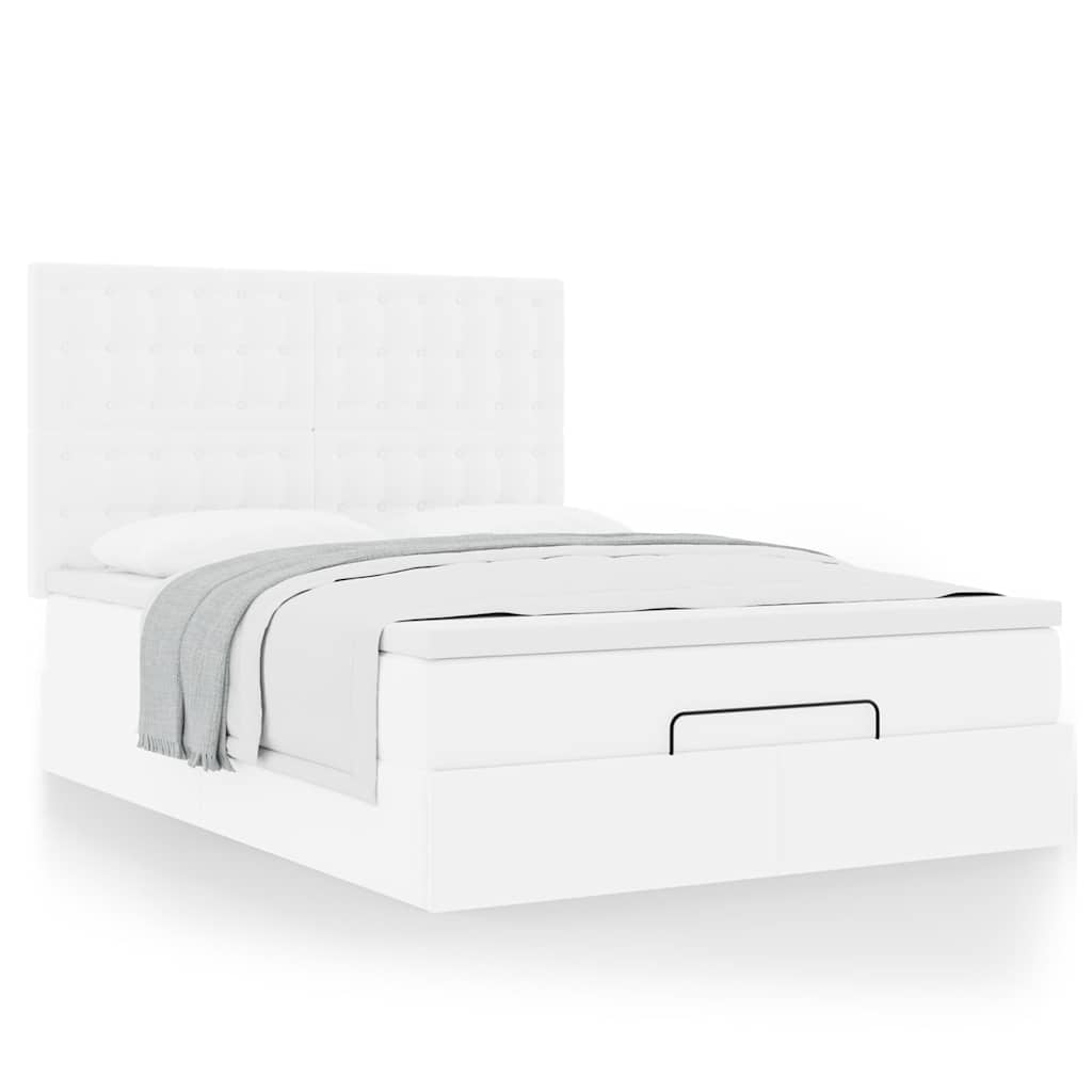 Estrutura de cama otomana com colchão branco couro falso