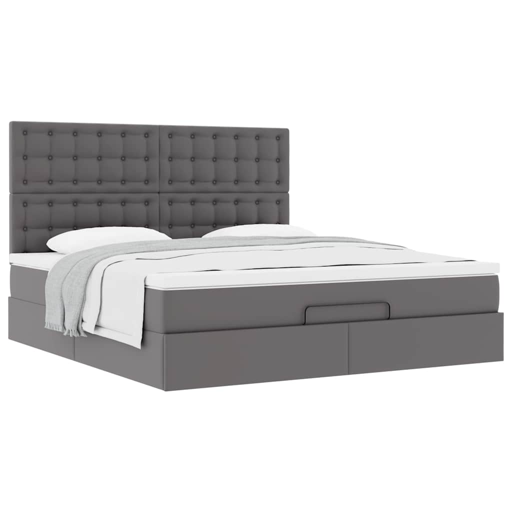 Estrutura de cama otomana com colchão cinza couro falso