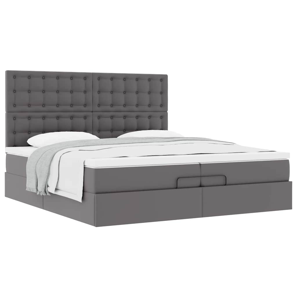 Estrutura de cama otomana com colchão cinza couro falso