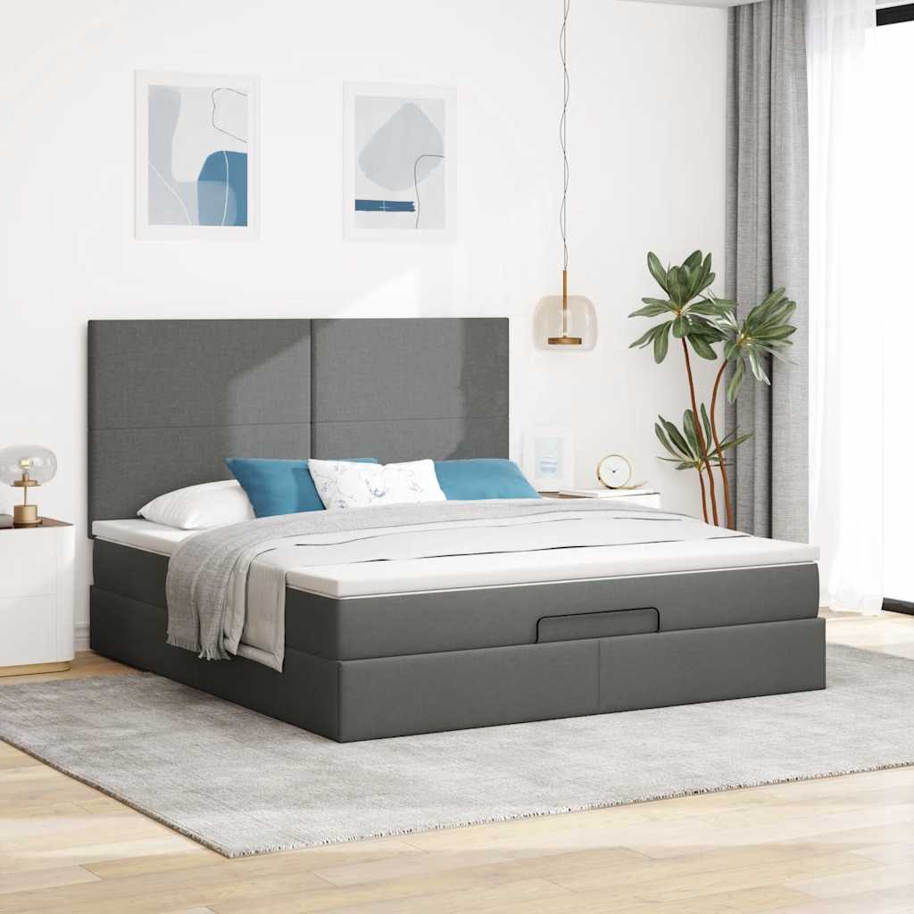 Estrutura de cama otomana com colchão tecido cinzento escuro