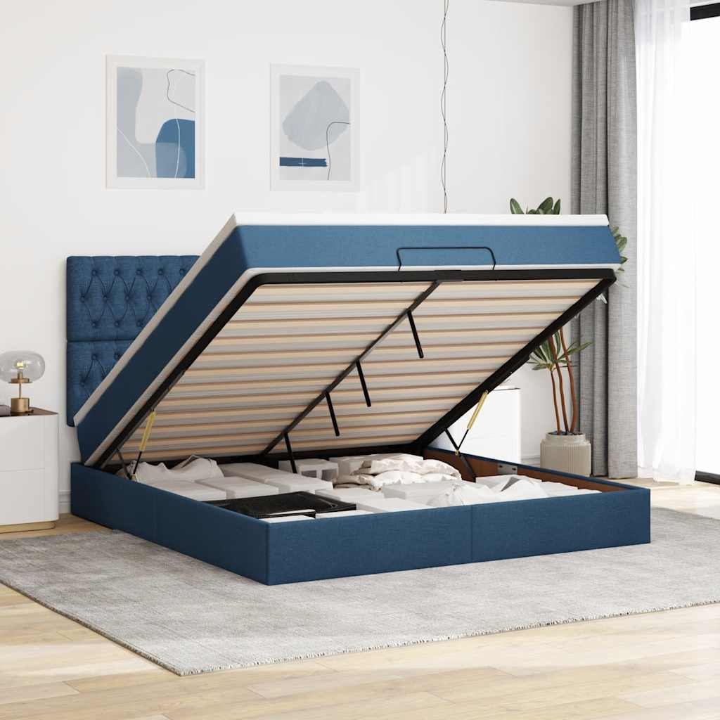 Estrutura de cama otomana com colchão 160x200 cm tecido azul