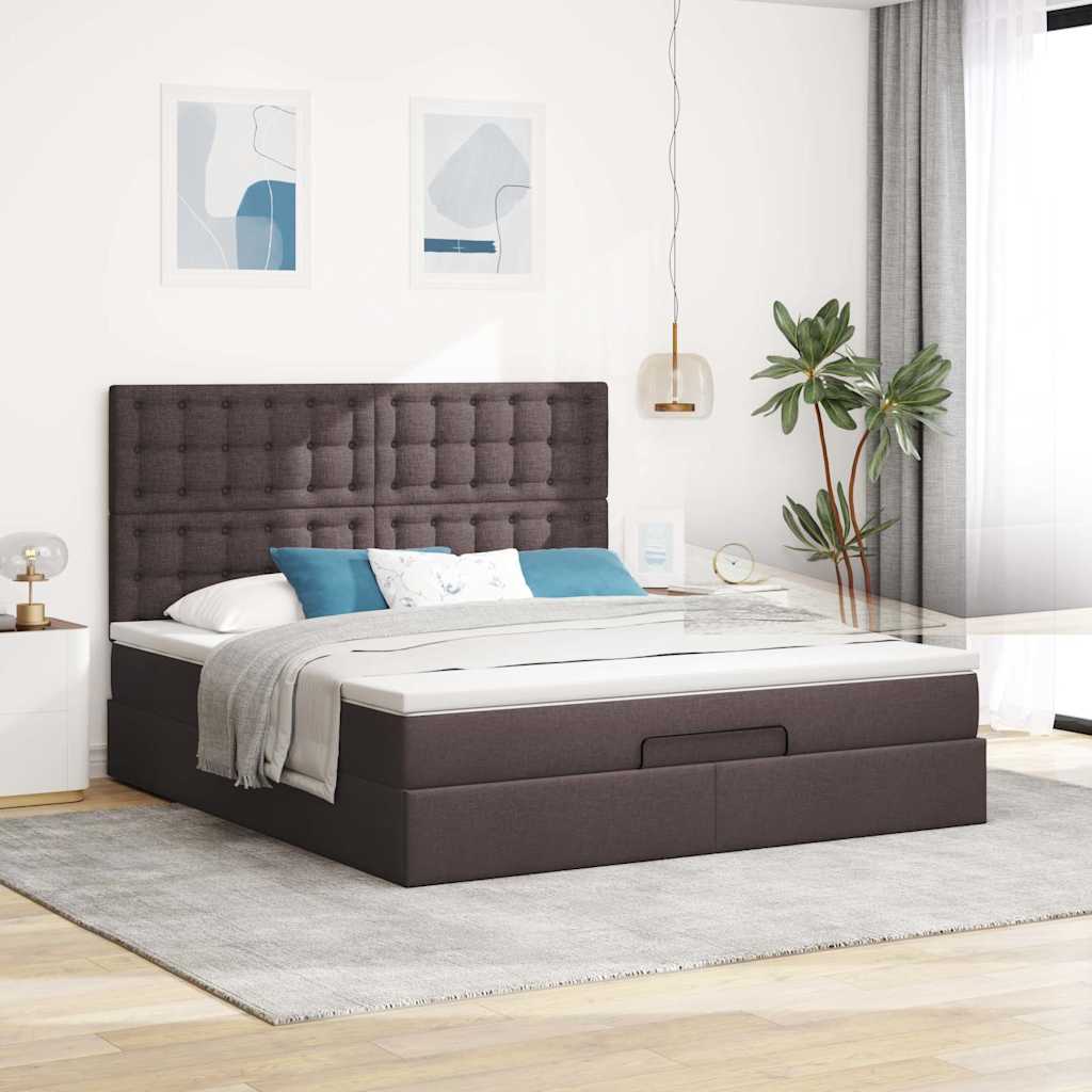 Estrutura de cama otomana com colchão tecido castanho escuro
