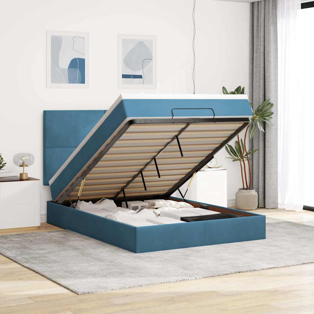 Estrutura cama otomana colchões 140x190 cm veludo azul escuro