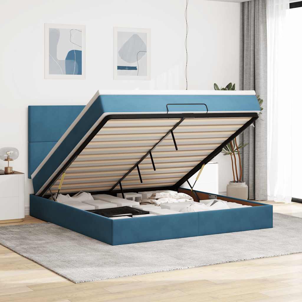Estrutura cama otomana colchões 180x200 cm veludo azul escuro