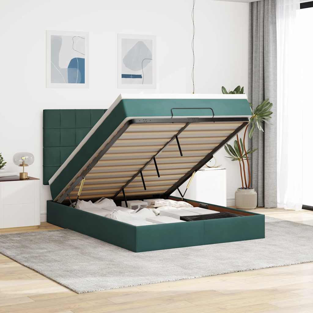 Estrutura cama otomana colchões 140x200 cm veludo verde escuro
