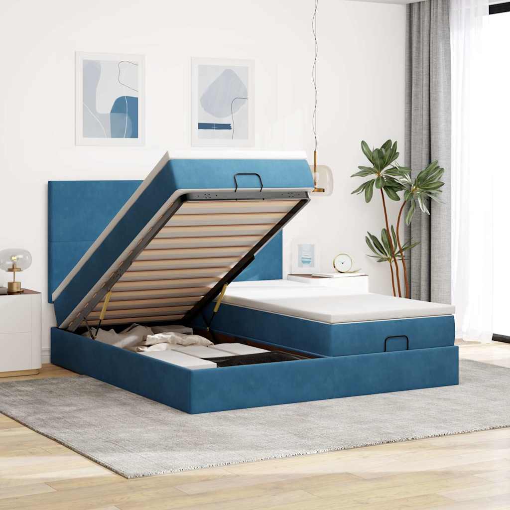 Estrutura de cama otomana com colchão azul escuro Veludo