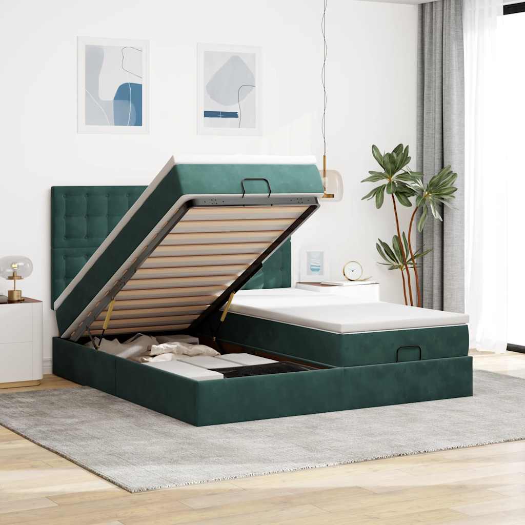 Estrutura de cama otomana com colchão verde escuro veludo