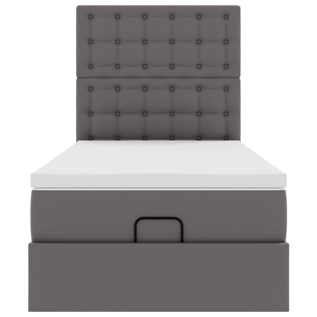 Estrutura de cama otomana com colchão cinza couro falso