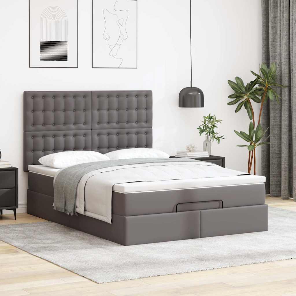 Estrutura de cama otomana com colchão cinza couro falso