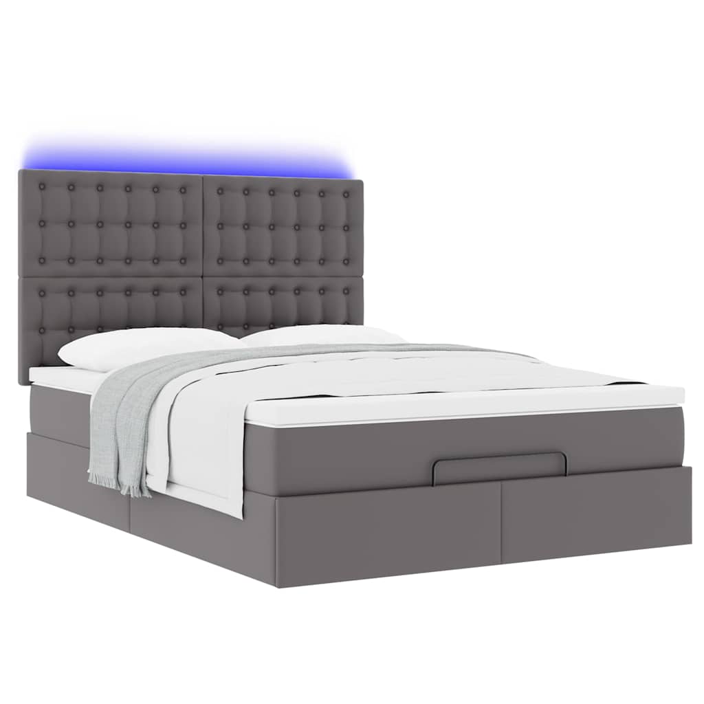 Estrutura de cama otomana com colchão cinza couro falso