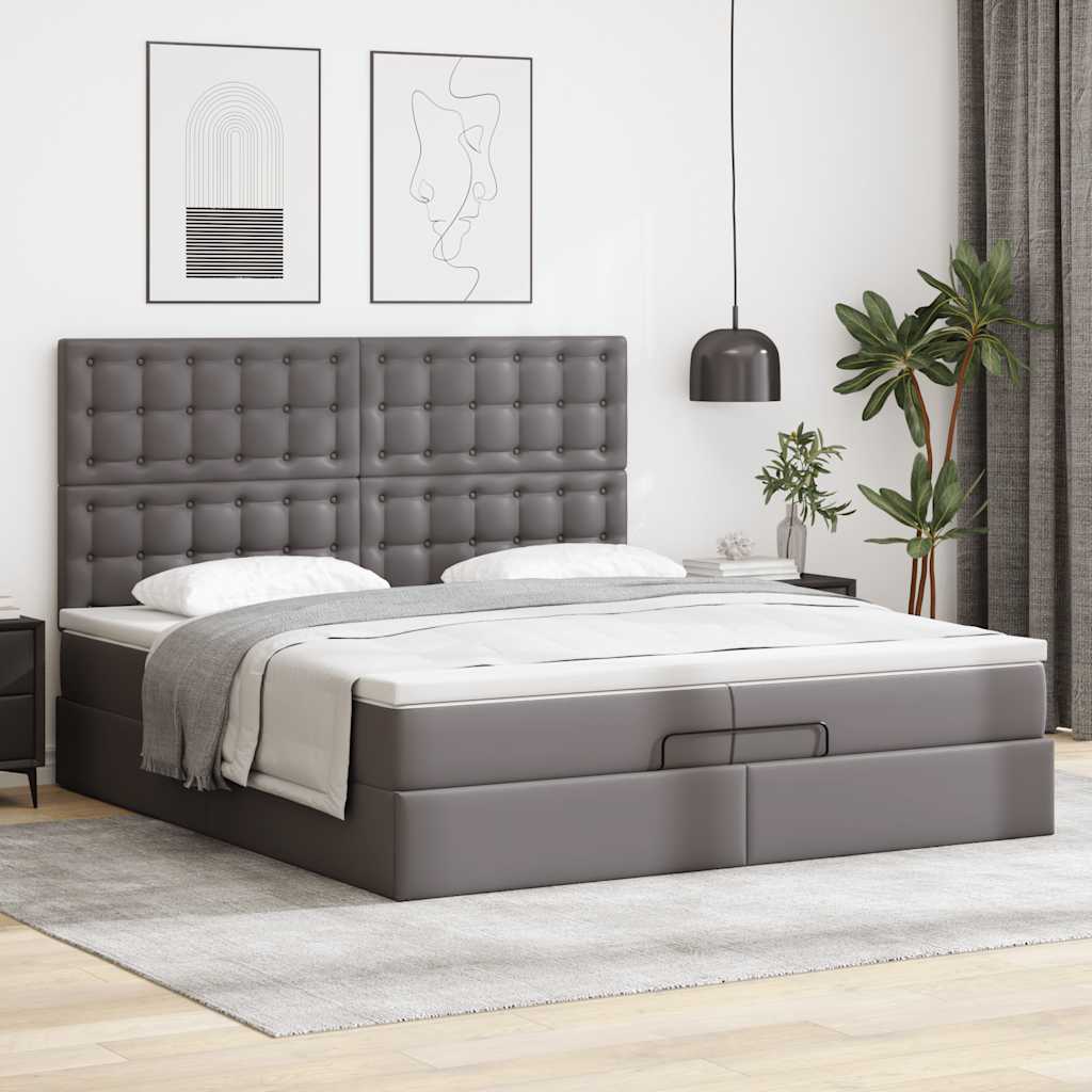 Estrutura de cama otomana com colchão cinza couro falso