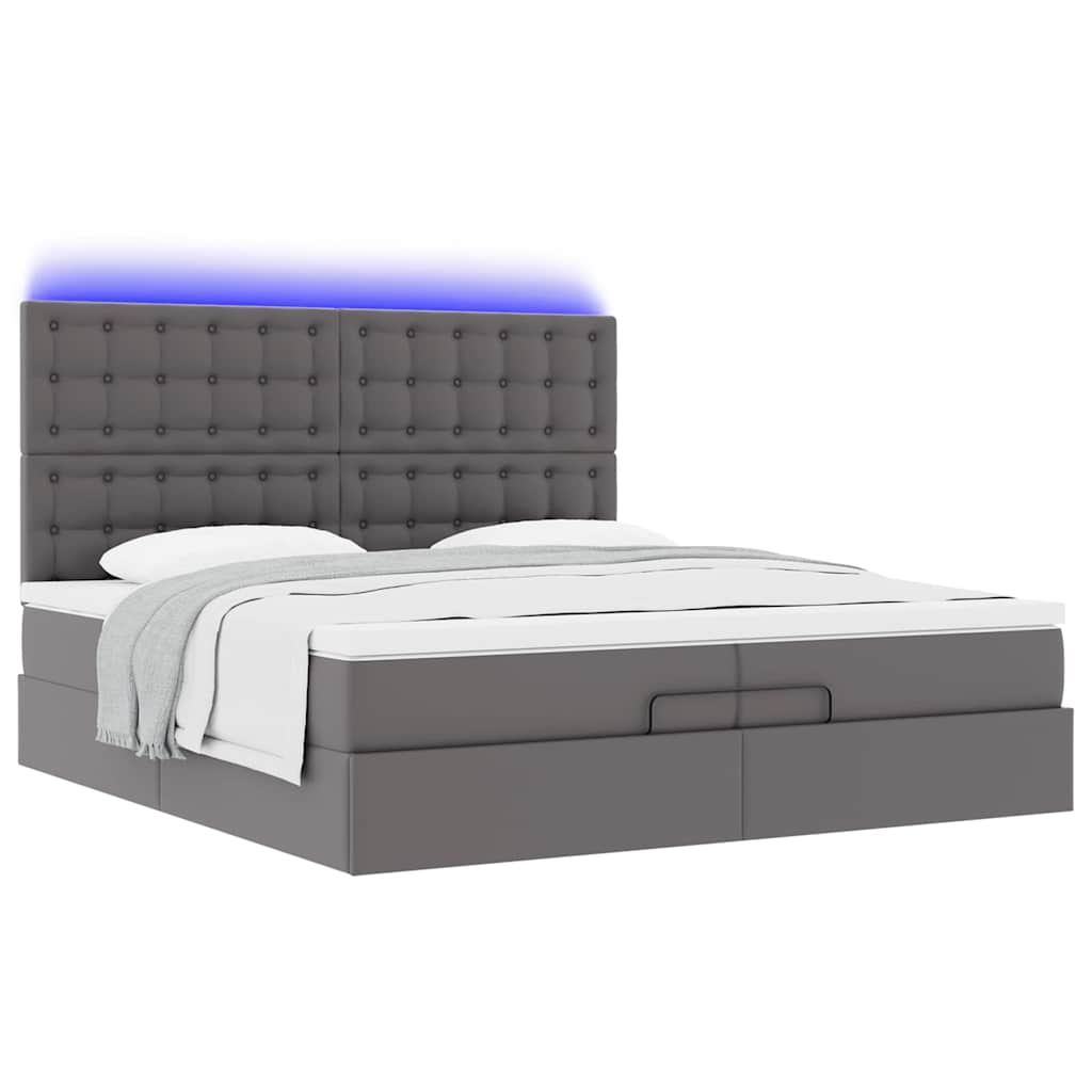 Estrutura de cama otomana com colchão cinza couro falso