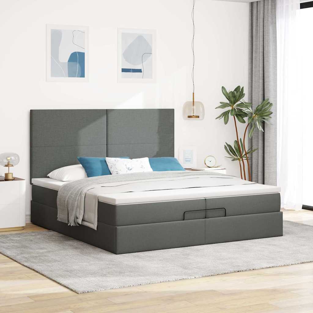 Estrutura de cama otomana com colchões tecido cinzento escuro