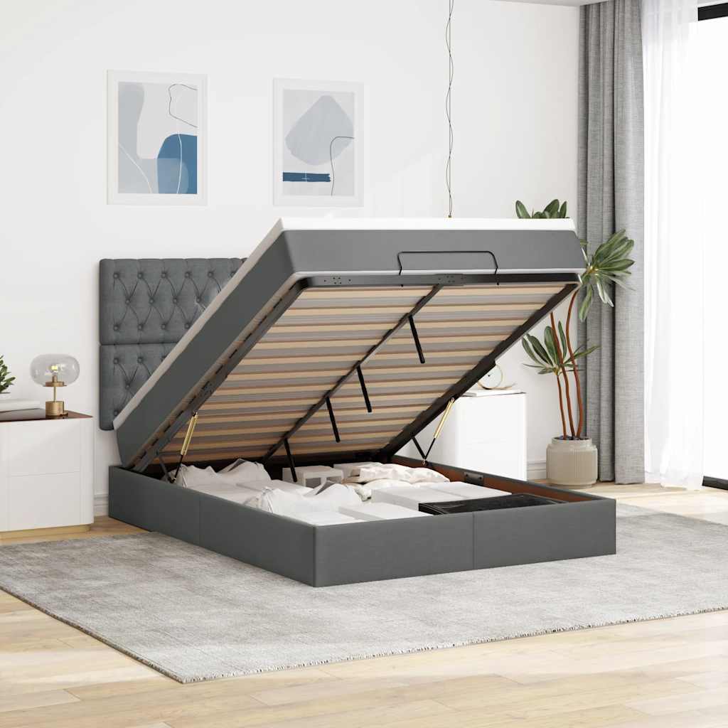 Estrutura cama otomana colchão 140x200cm tecido cinzento escuro
