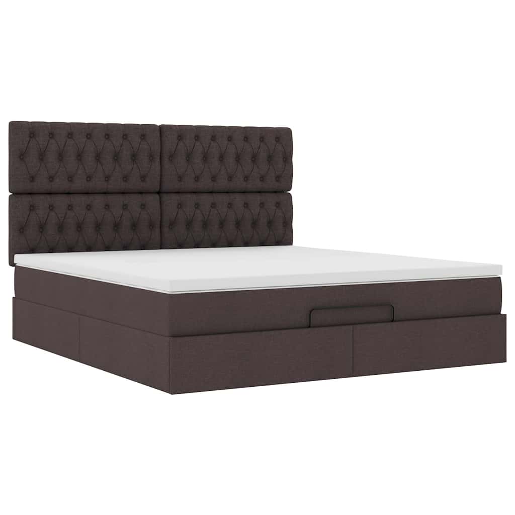 Estrutura de cama otomana com colchão tecido castanho escuro