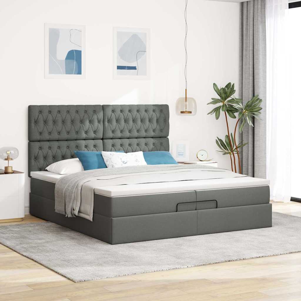 Estrutura de cama otomana com colchões tecido cinzento escuro