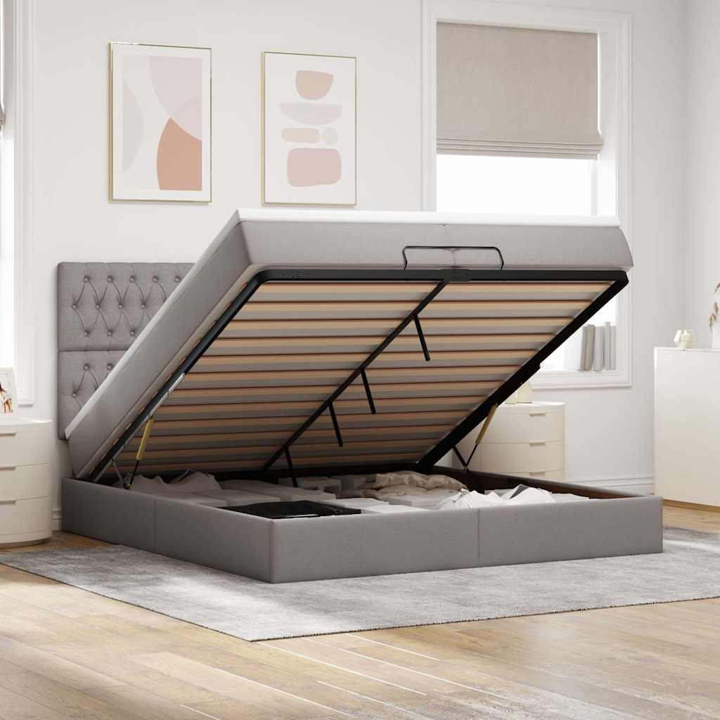 Estrutura cama otomana com colchões tecido cinzento 200x200cm