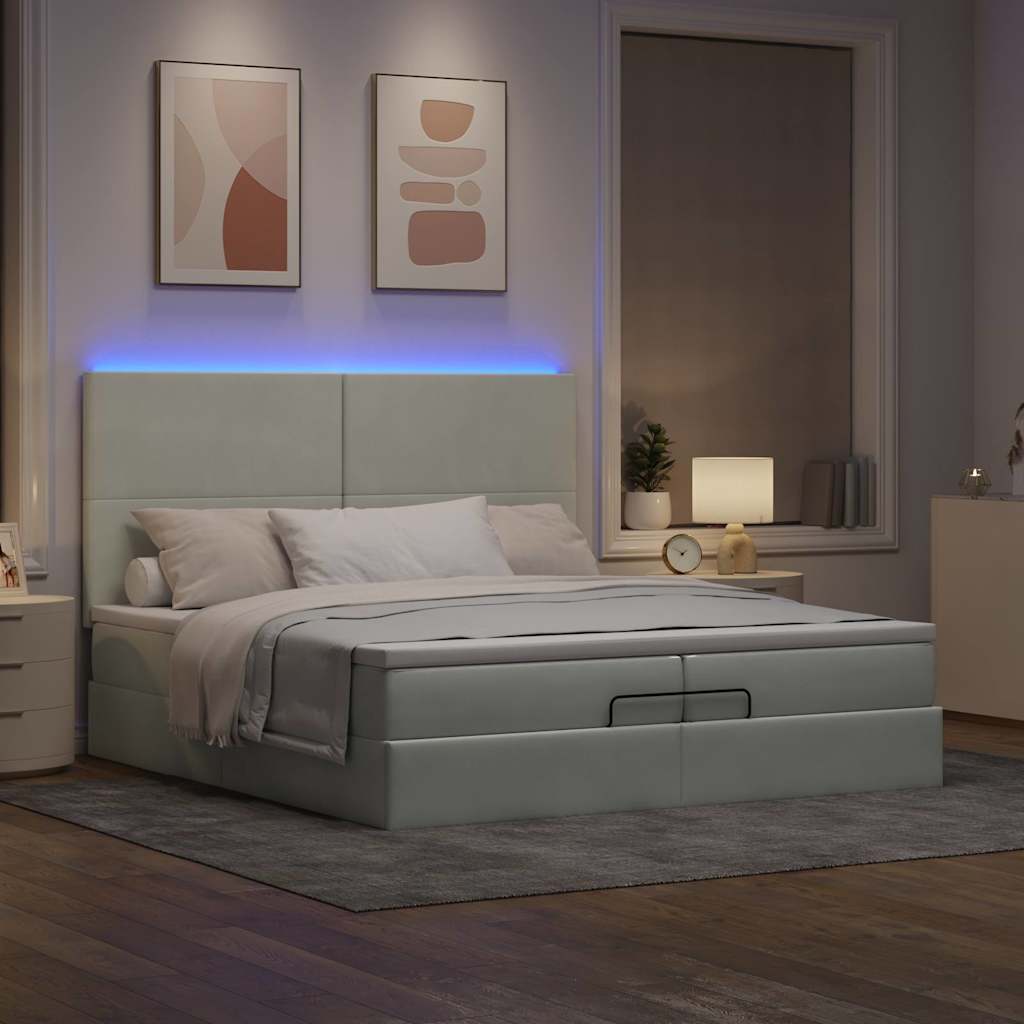 Estrutura cama otomana colchões 200x200cm veludo cinzento claro