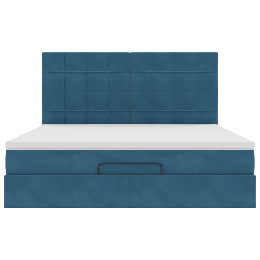 Estrutura de cama otomana com colchão azul escuro veludo