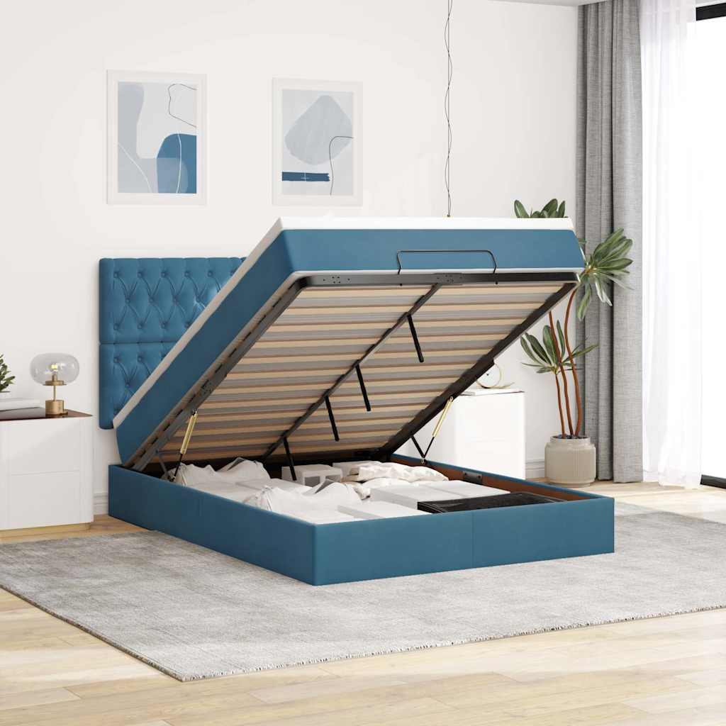 Estrutura de cama otomana colchões 140x200cm veludo azul escuro