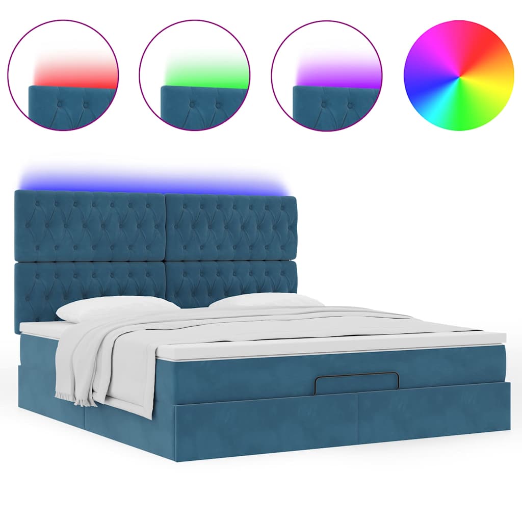 Estrutura de cama otomana com colchão azul escuro veludo