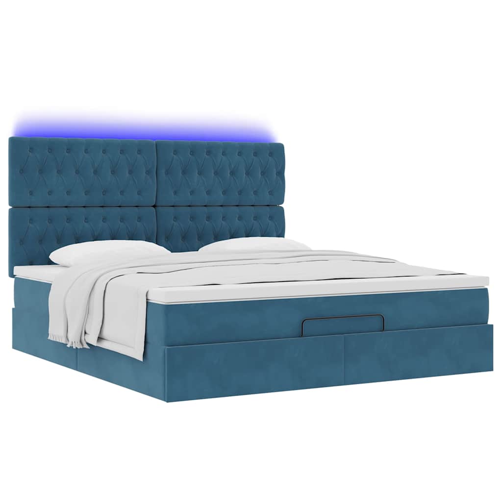 Estrutura de cama otomana com colchão azul escuro veludo