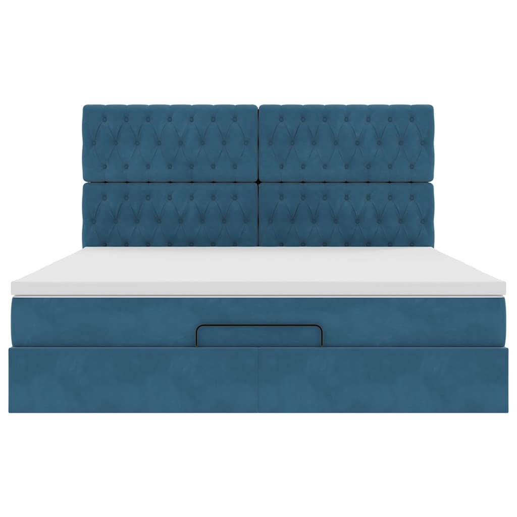 Estrutura de cama otomana com colchão azul escuro veludo