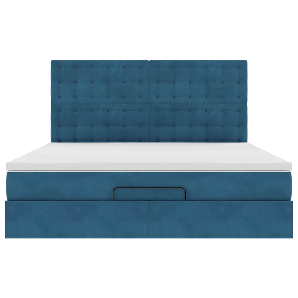 Estrutura de cama otomana com colchão azul escuro veludo