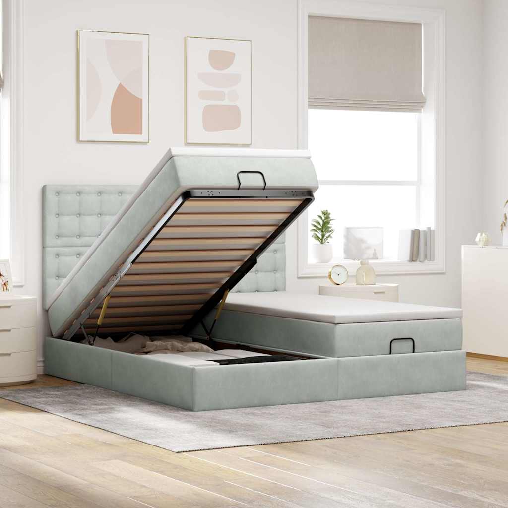 Estrutura cama otomana colchões 200x200cm veludo cinzento claro